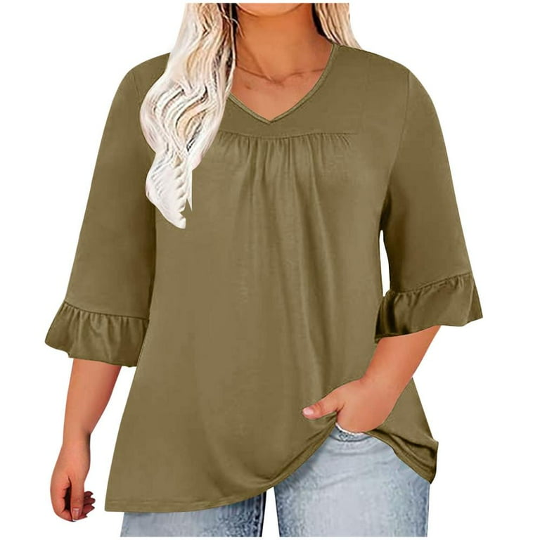 VERUGU Plus Size Tops for Women Summer Solid Ruffle 3/4 Sleeve V