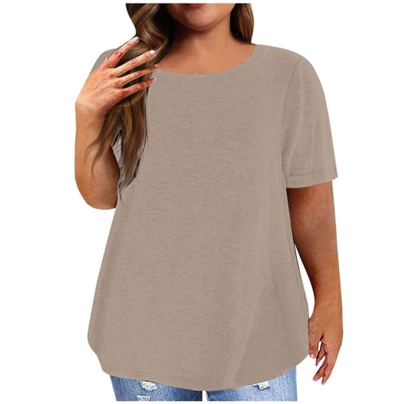 VERUGU Plus Size Tops for Women Fashion Casual Solid Printing Blouse Round Neck Short Sleeve T-Shirt Summer Plus Size Tops Khaki 4XL