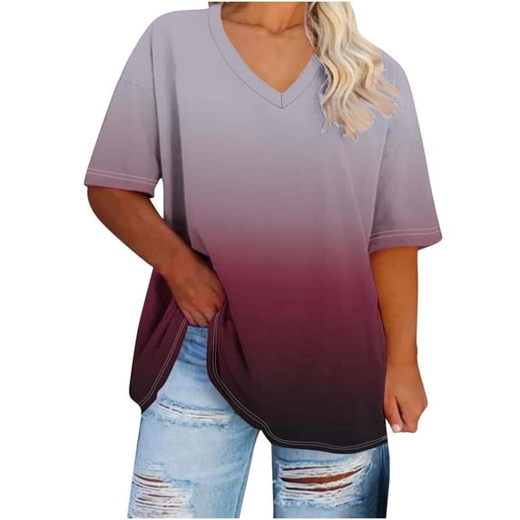 VERUGU Plus Size Tops for Women Oversized V-Neck Short Sleeve Solid Summer Base Shirt Sports T-shirt Wine XL