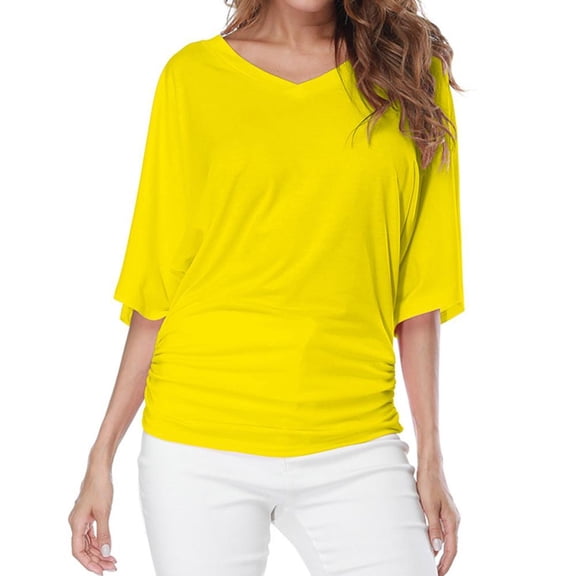 VERUGU Plus Size Tops for Women Solid Dolman Sleeve Side Shirring Shirts Summer Casual V-Neck Tunics Loose Short Sleeve Plain Tees Blouses Yellow S