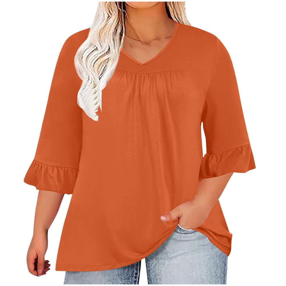 VERUGU Plus Size Tops for Women Summer Solid Ruffle 3/4 Sleeve V
