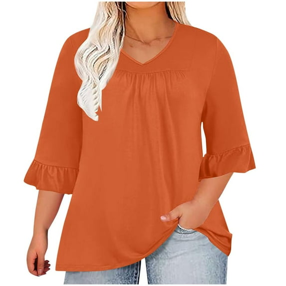 VERUGU Plus Size Tops for Women Summer Solid Ruffle 3/4 Sleeve V-Neck Pleated Oversized Shirts Casual Tunic Loose Comfy Basic Tees Blouses Orange XL