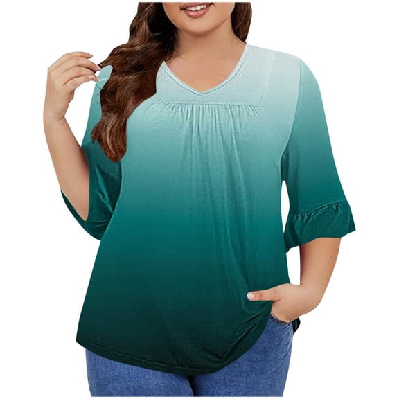 VERUGU Plus Size Tops for Women Trendy Ruffle 3/4 Sleeve V-Neck Pleated Gradient Color Shirts Summer Casual Tunic Loose Comfy Tees Blouses Green L