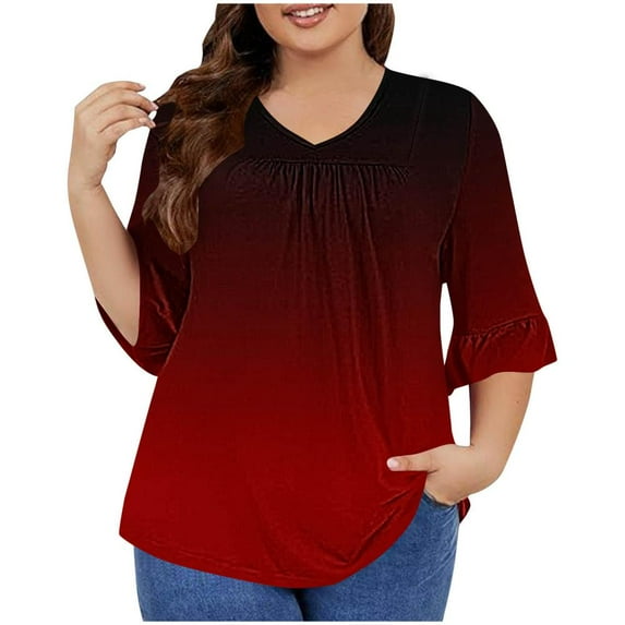 VERUGU Plus Size Tops for Women Trendy Ruffle 3/4 Sleeve V-Neck Pleated Gradient Color Shirts Summer Casual Tunic Loose Comfy Tees Blouses Red L