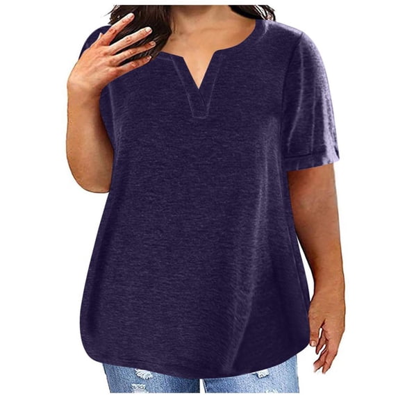 VERUGU Plus Size Tops for Women V-Neck Solid Color Oversized Blouses Short Sleeve Casual Loose T-shirt Dark Purple XL