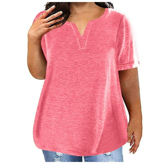 VERUGU Plus Size Tops for Women V-Neck Solid Color Oversized Blouses Short Sleeve Casual Loose T-shirt Pink 5XL