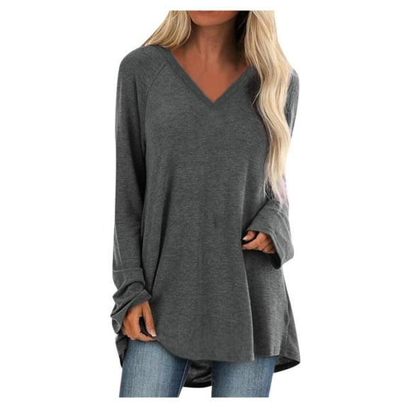 VERUGU Plus Size Women Casual Baggy Long Sleeve Shirts Plain Longline Tunic Blouse Tops Ladies Oversized Crew Neck Pullover Sweatshirt