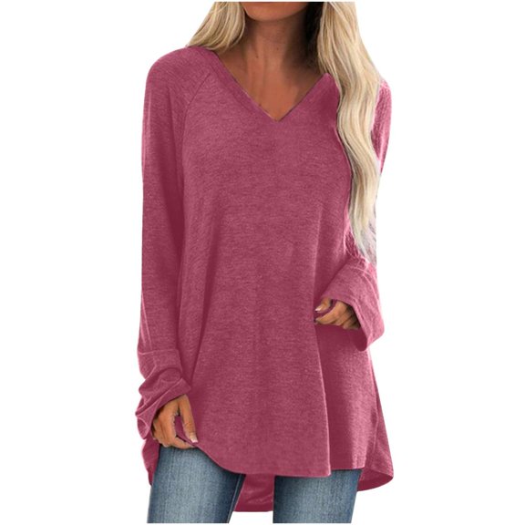 VERUGU Plus Size Women Casual Baggy Long Sleeve Shirts Plain Longline Tunic Blouse Tops Ladies Oversized Crew Neck Pullover Sweatshirt