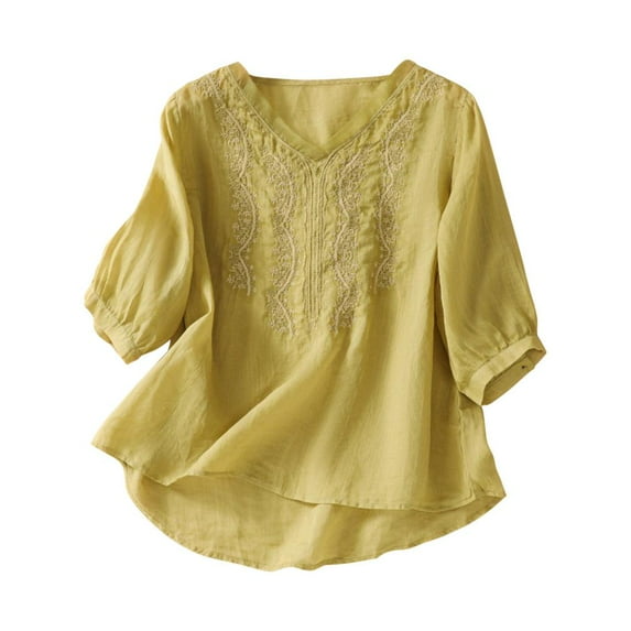 VERUGU Plus Size Women Summer Baggy Tunic Tops Shirt Thin Long Sleeve Blouse Henley Cotton Linen Shirts Tops for Ladies