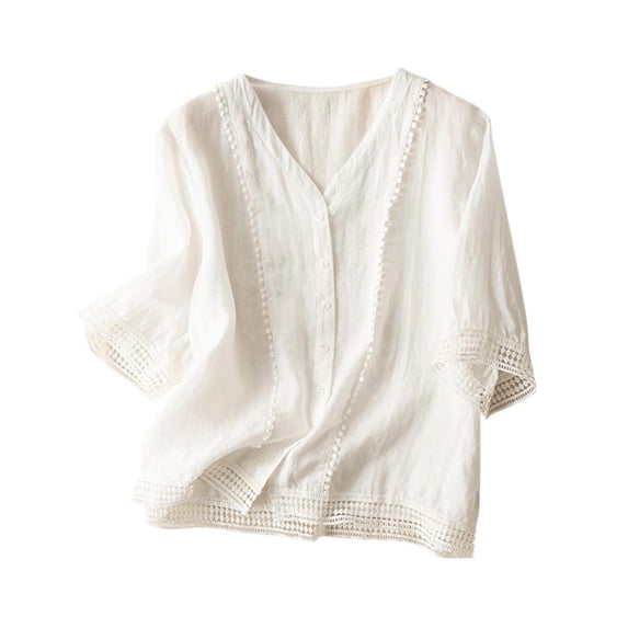 VERUGU Plus Size Women Summer Baggy Tunic Tops Shirt Thin Long Sleeve Blouse Henley Cotton Linen Shirts Tops for Ladies
