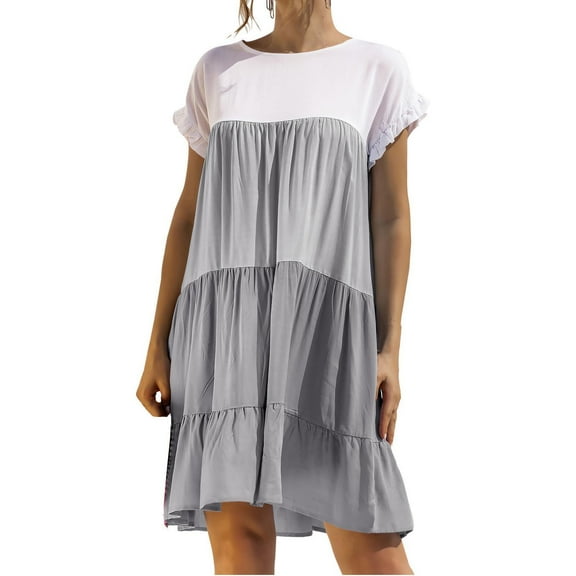 VERUGU Ruffle Hem Fluttering Sleeve Dress for Women Beach Hoilday Casual Mini Flowy Shirt Dress A Line Flowy Flared Skater Cocktail Fashion Dress Gray S