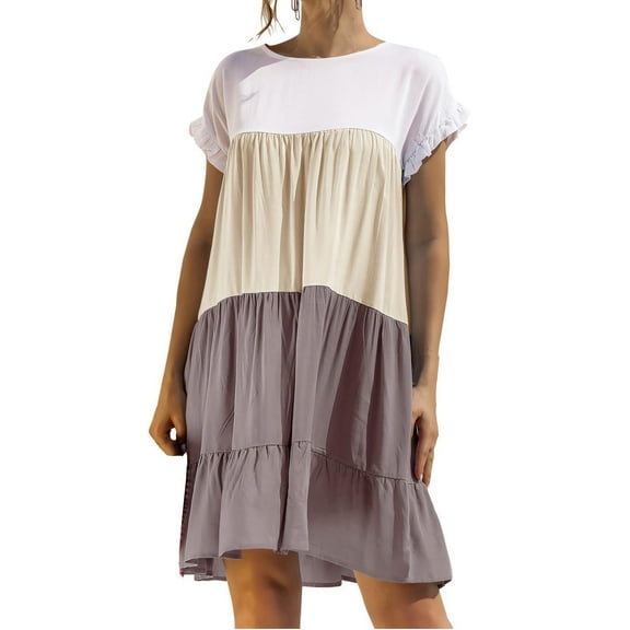 VERUGU Ruffle Hem Fluttering Sleeve Dress for Women Beach Hoilday Casual Mini Flowy Shirt Dress A Line Flowy Flared Skater Cocktail Fashion Dress Khaki L