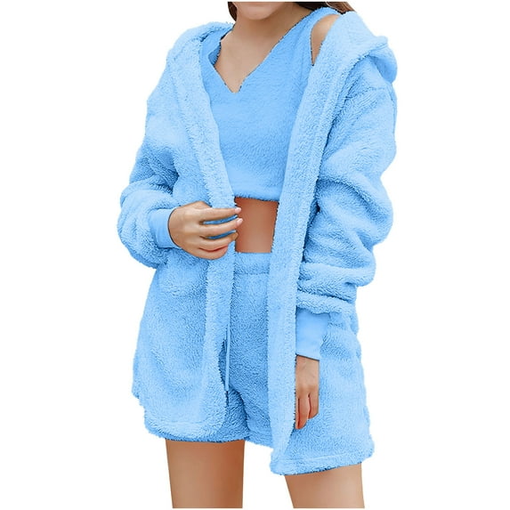 VERUGU Sets for Women Solid Plush Hooded Long Sleeve Pajamas Casual Fashion Shorts V Neck Vest Three Piece Suit Sky Blue M