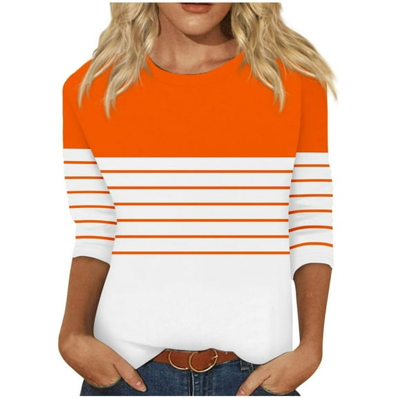 VERUGU Shirts for Women 3/4 Sleeve Crew Neck Tops Summer Trendy Stripe Patchwork Color T Shirts Loose Casual Comfy Tunic Blouses with Leggings Orange XL