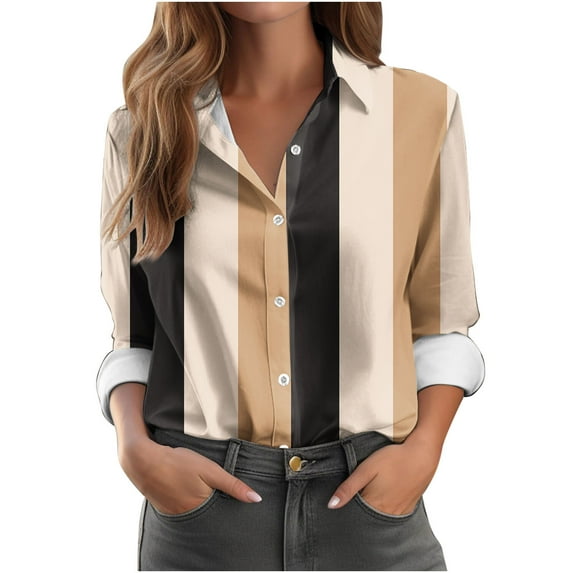 VERUGU Shirts for Women Long Sleeve Lapel Button Tops Trendy Stripe Patchwork Color T Shirts Dressy Casual Loose Tunic Blouses with Leggings Khaki XXL