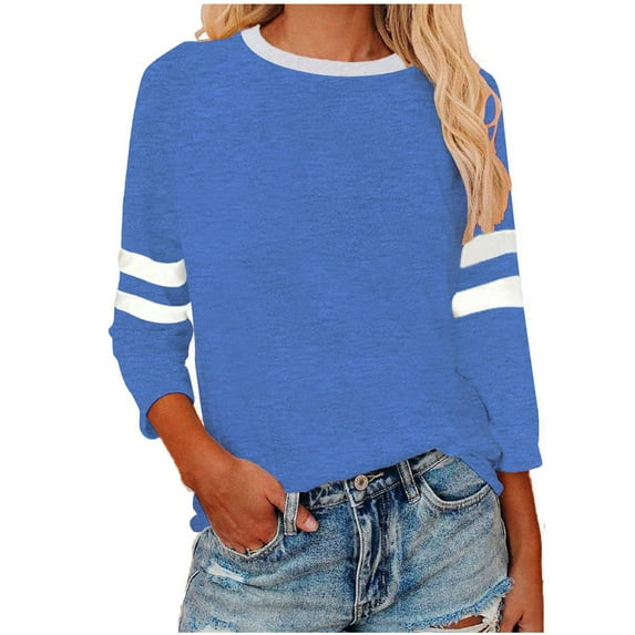 VERUGU Shirts for Women 3/4 Sleeve Crew Neck Tops Summer Trendy Patchwork Color T-Shirts Casual Loose Raglan Sleeve Tunic Blouses Blue S