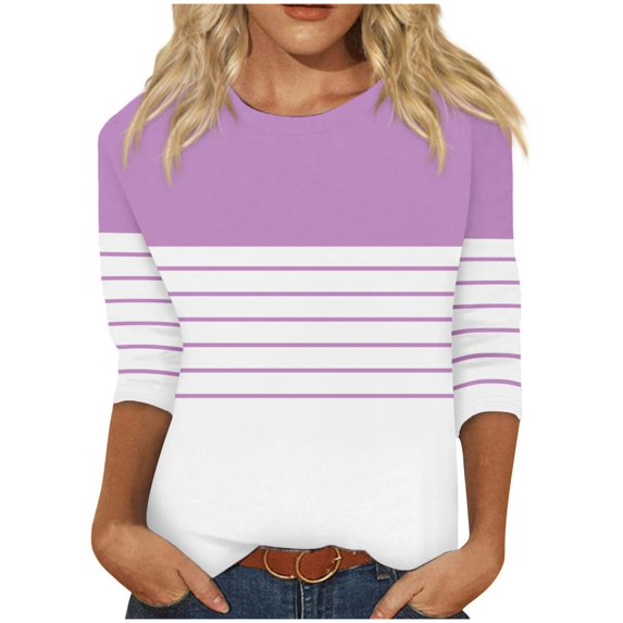 VERUGU Shirts for Women 3/4 Sleeve Crew Neck Tops Summer Trendy Stripe Patchwork Color T Shirts Loose Casual Comfy Tunic Blouses with Leggings Pink M