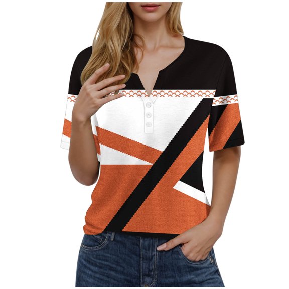 VERUGU Shirts for Women Fashion Printed Short Sleeve Blouse Round Neck Casual Tops Orange M