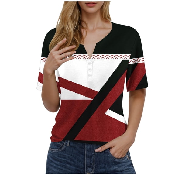 VERUGU Shirts for Women Fashion Printed Short Sleeve Blouse Round Neck Casual Tops Red XL