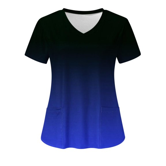 VERUGU Shirts for Women Fashion Short Sleeve V-Neck Tops Working Uniform Printing Pocket Blouse Tops Dark Blue S