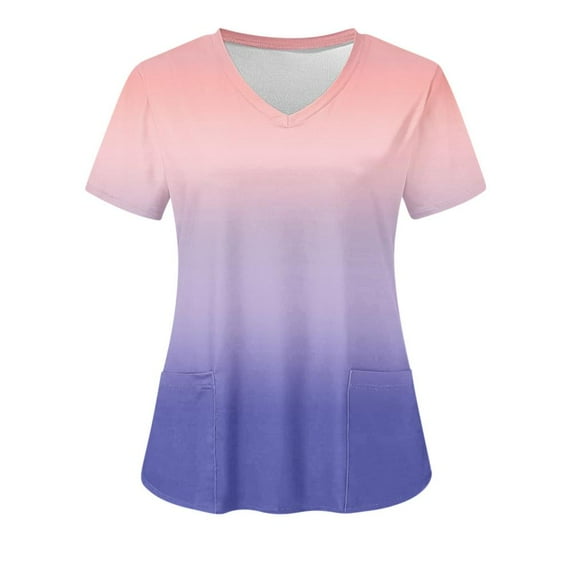VERUGU Shirts for Women Fashion Short Sleeve V-Neck Tops Working Uniform Printing Pocket Blouse Tops Pink XXL