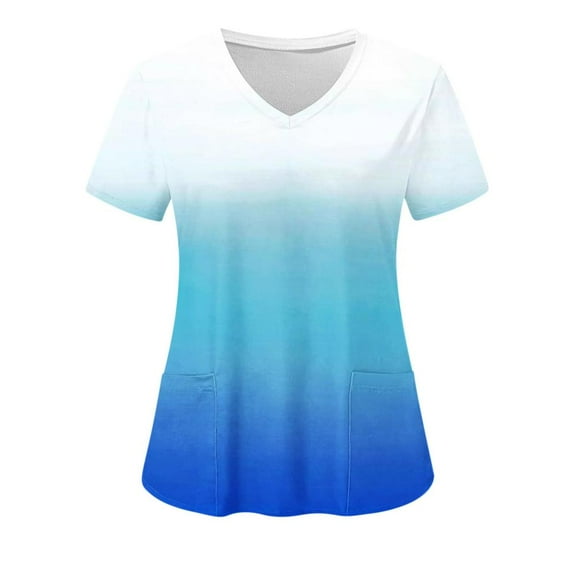 VERUGU Shirts for Women Fashion Short Sleeve V-Neck Tops Working Uniform Printing Pocket Blouse Tops Sky Blue XL