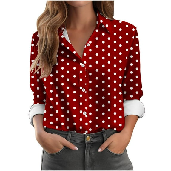 VERUGU Shirts for Women Long Sleeve Lapel Button Tops Summer Trendy Polka Dots T Shirts Dressy Casual Loose Tunic Blouses with Leggings Wine XXL