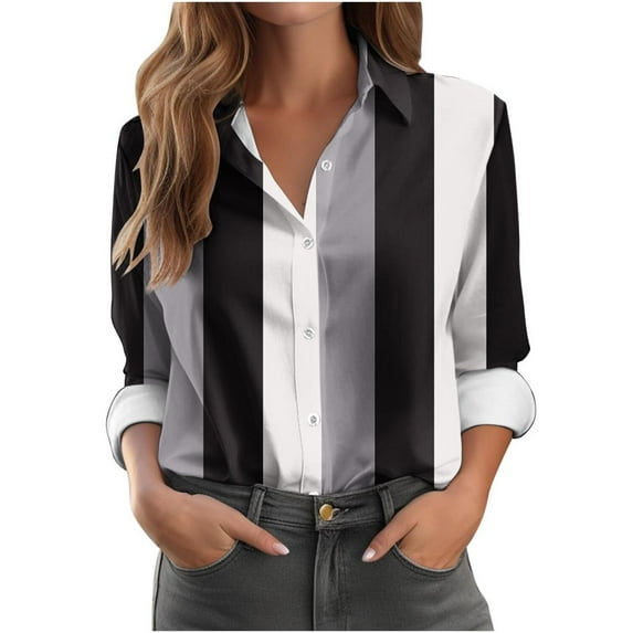 VERUGU Shirts for Women Long Sleeve Lapel Button Tops Trendy Stripe Patchwork Color T Shirts Dressy Casual Loose Tunic Blouses with Leggings Black M