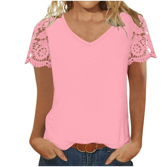 VERUGU Shirts for Women Solid V-Neck Lace Patchwork Short Sleeve T-shirt Short Sleeve V-Neck Top/shirt Pink S