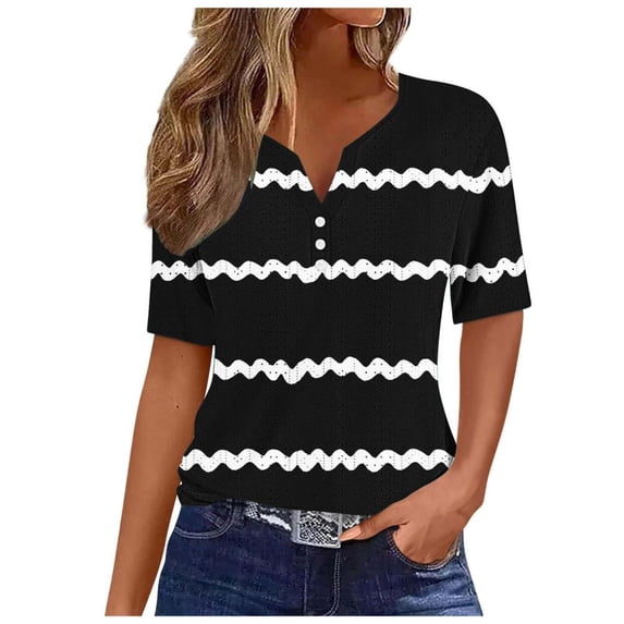 VERUGU Shirts for Women V-Neck Short Sleeve Blouses Fashion Print Button Casual T-shirt Top Black M
