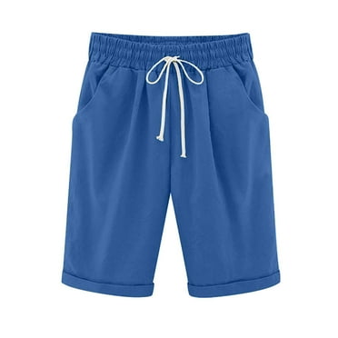 VERUGU Shorts for Women Summer Plus Size Solid Shorts Fashion Loose Cotton Linen Drawstring Casual Straight Pants Sky Blue 4XL