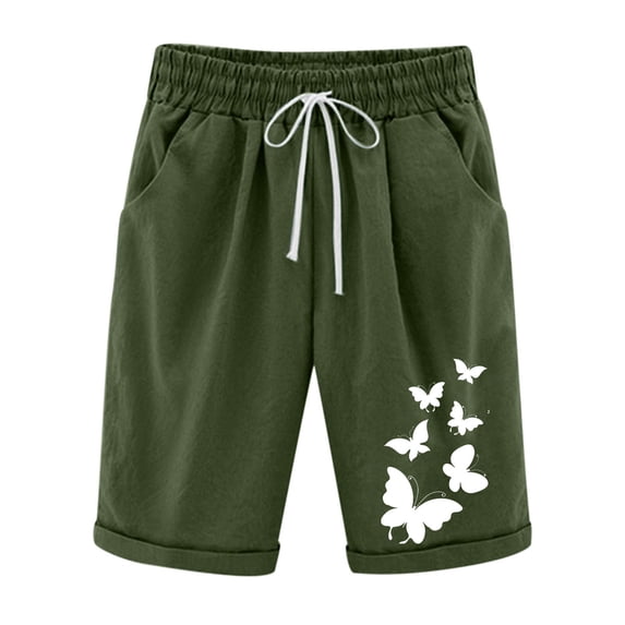 VERUGU Shorts for Women Summer Printed Five Points Large Size Cotton Linen Pants Casual Pants Shorts Army Green M
