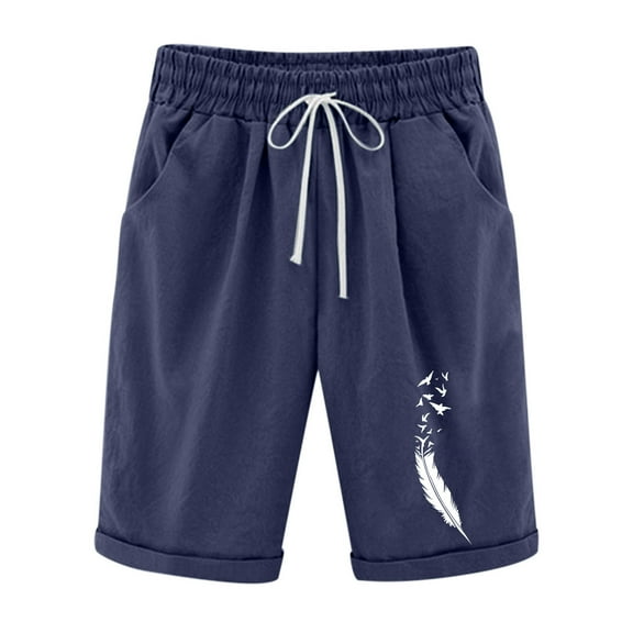 VERUGU Shorts for Women Summer Printed Five Points Large Size Cotton Linen Pants Casual Pants Shorts Dark Blue M
