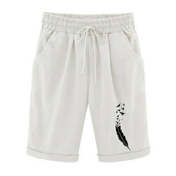 VERUGU Shorts for Women Summer Printed Five Points Large Size Cotton Linen Pants Casual Pants Shorts White XXL