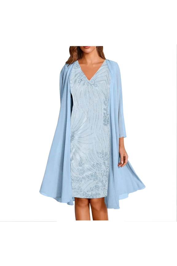 Spring Summer Dresses Women Casual Floral Print Round Neck Sleeveles Dress Solid Chiffon Two-Piece Set Light Blue XL