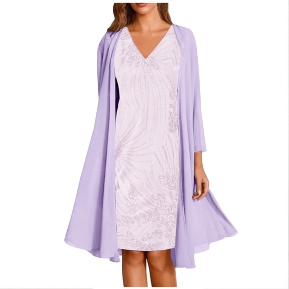 VERUGU Spring Summer Dresses Women Casual Floral Print Round Neck Sleeveles Dress Solid Chiffon Two-Piece Set Purple 3XL
