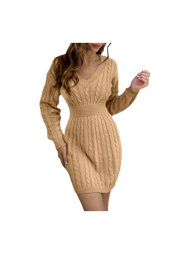 Sweaters for Women Casual Fall Winter V Neck Solid Dough Twists Waist Closing Long Sleeve Loose Warm Hip Wrap Wool Dress Khaki S