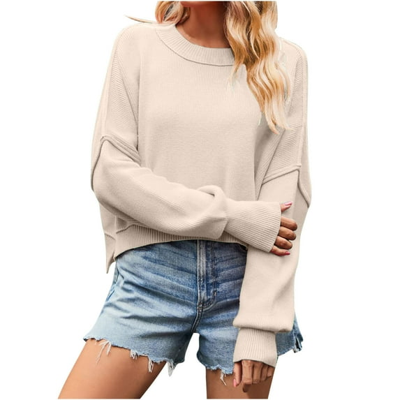 VERUGU Sweaters for Women Fashion Loose Solid Casual Comfortable Knitwear Round Neck Warm Fall Winter Long Sleeve Sweater Tops Beige L