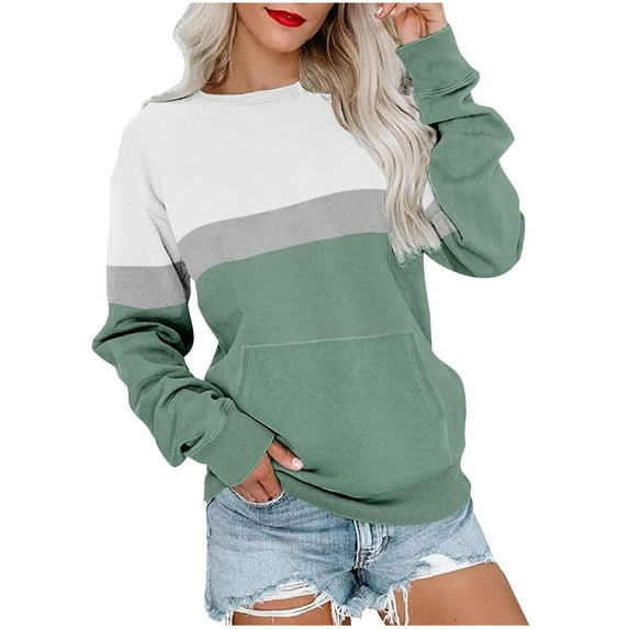 VERUGU Sweatshirt for Women Casual Crewneck Pullover Fall Loose Long Sleeve Fashion Color Block Tunic Tops with Pocket Green XL