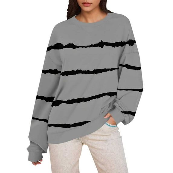 VERUGU Sweatshirt for Women Casual Crewneck Pullover Fall Loose Long Sleeve Lightweight Fashion Stripe Tops Blouses Gray M