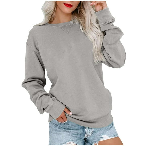 VERUGU Sweatshirt for Women Casual Crewneck Pullover Fall Loose Long Sleeve Lightweight Tunic Tops Fashion Solid Shirts Dark Gray S