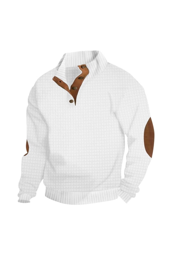 Sweatshirts for Men Casual Long Sleeve Waffle Banded Collar Solid Button Pullover Fall Winter Vintage Slim Basic Tops Blouses White XXL