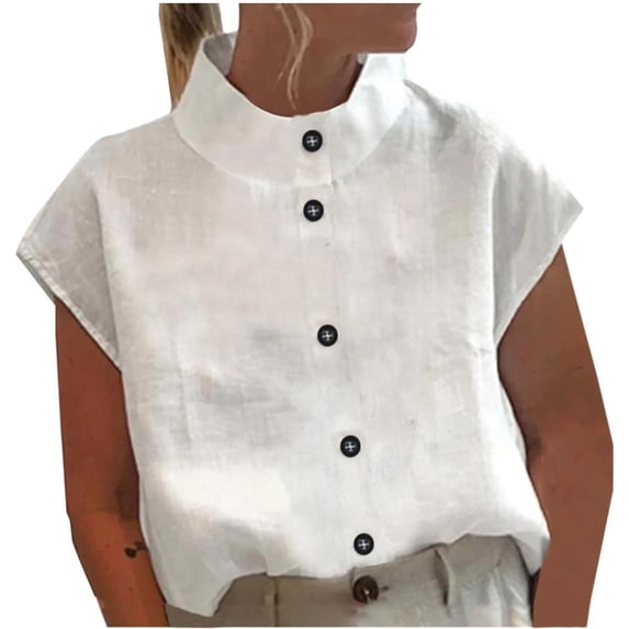 VERUGU Tank Top for Women Womens Spring Summer Solid Color Casual High Neck Top Cotton Buttons Design Blouses White 4XL
