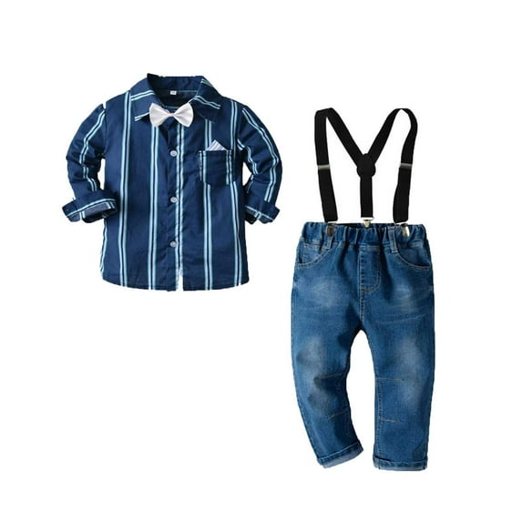 VERUGU Toddler Boy Outfits Newborn Infant Clothes Winter Long Sleeve Solid Tops with Bow Tie Suspender Trousers Gentleman formal Clothes Two-Piece Set