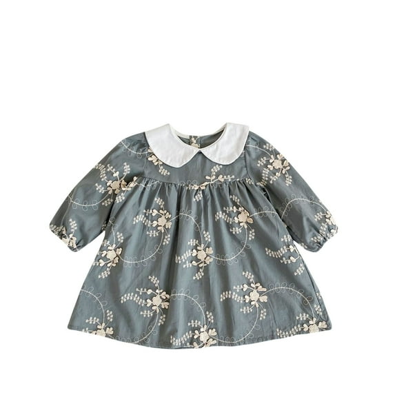 VERUGU Toddler Dress Baby Girl Fall Winter Floral Print Dresses Cotton Romper Casual Long Sleeve Round Neck Dresses Gray 4 Years