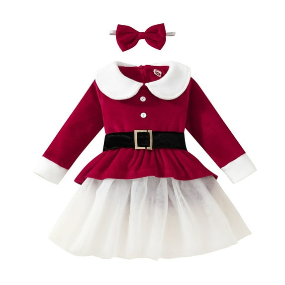 VERUGU Toddler Dress Christmas Fleece Girl New Long Sleeve Round Neck Dress with Bow Hairband Wine 5 Years