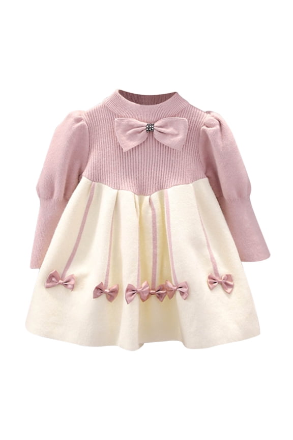 Toddler Dress Girls Baby Cute Fleece Warm Lace Patchwork Bow Long Sleeve Round Neck Dress 1-8 Years