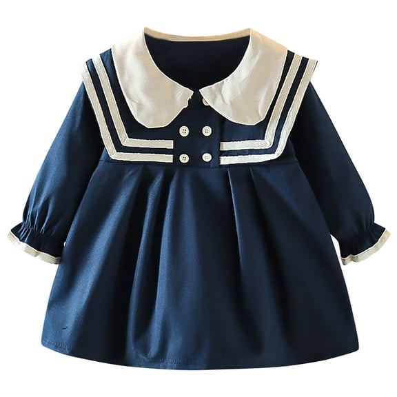 VERUGU Toddler Dress Girls College Style Contrasting Lace Button Lapel Long Sleeve Round Neck Dress Blue 1 Years