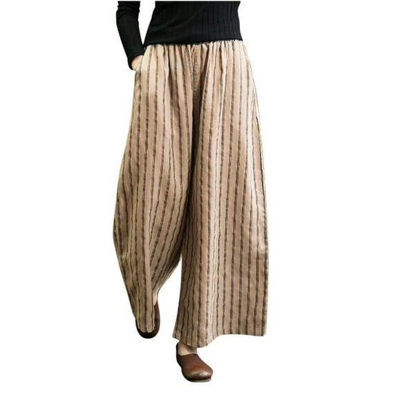 VERUGU Trousers Women Casual Pants Summer Drawstring Elastic High Waist Linen Pant Pockets Cropped Trouser Khaki XL