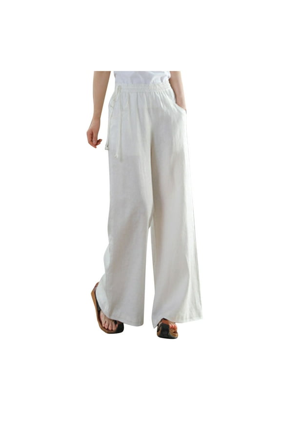 Trousers Women's Casual Loose Pants High Waist Solid Color Cotton Linen Side Drawstring Belt Wide Leg Pants White XXXXL